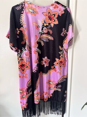 Nasty Gal Black & Lavender Floral Fringe Kimono